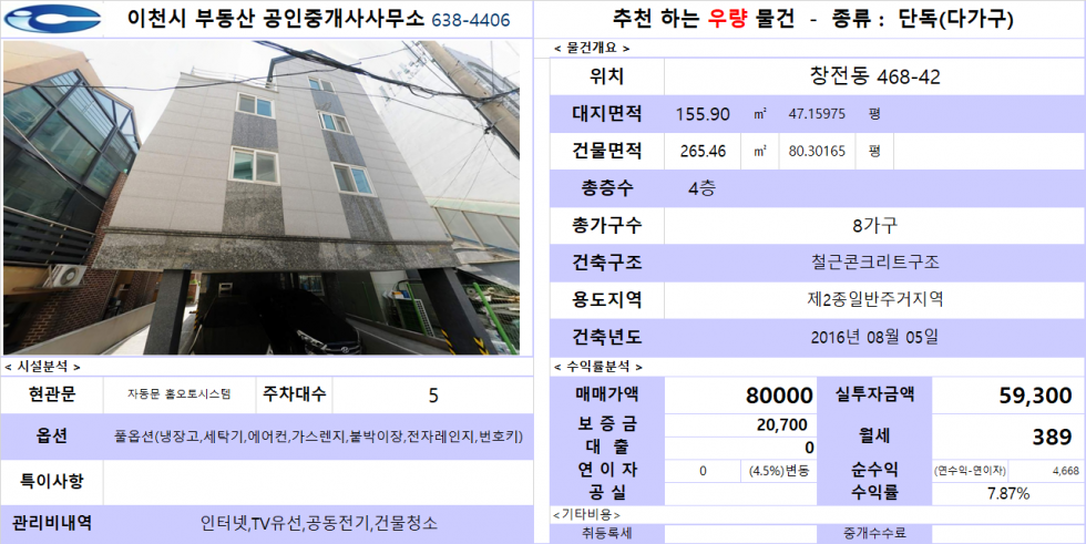 경기 이천시 창전동 이천 창전동 시내권으로 월세수익 받을 수 있는 다가구 입니다 매매 매물번호 20591 사진 1